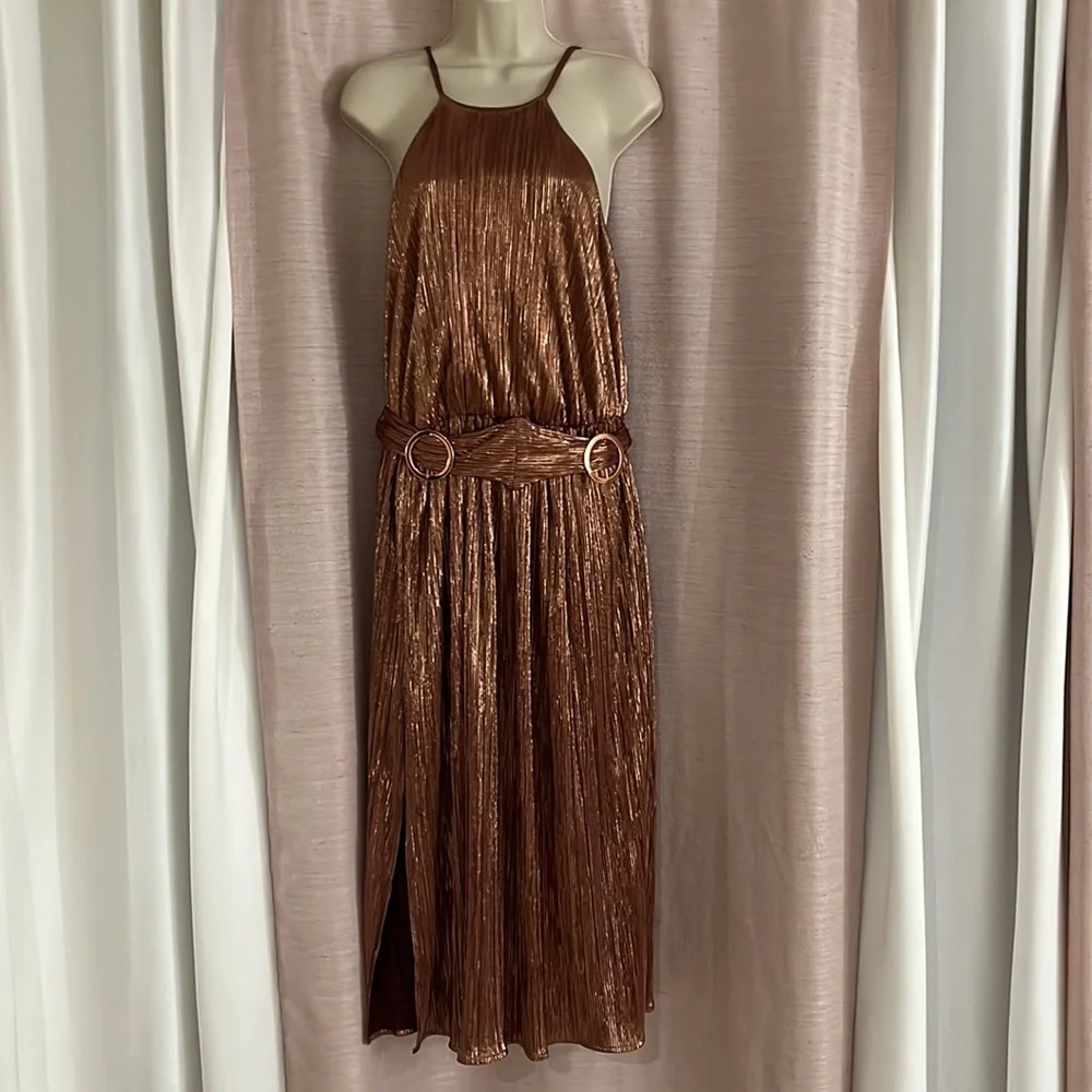 EVA MENENDEZ Metallic Bronze halter top midi Dress Sleeveless Spaghetti straps - Picture 16 of 16